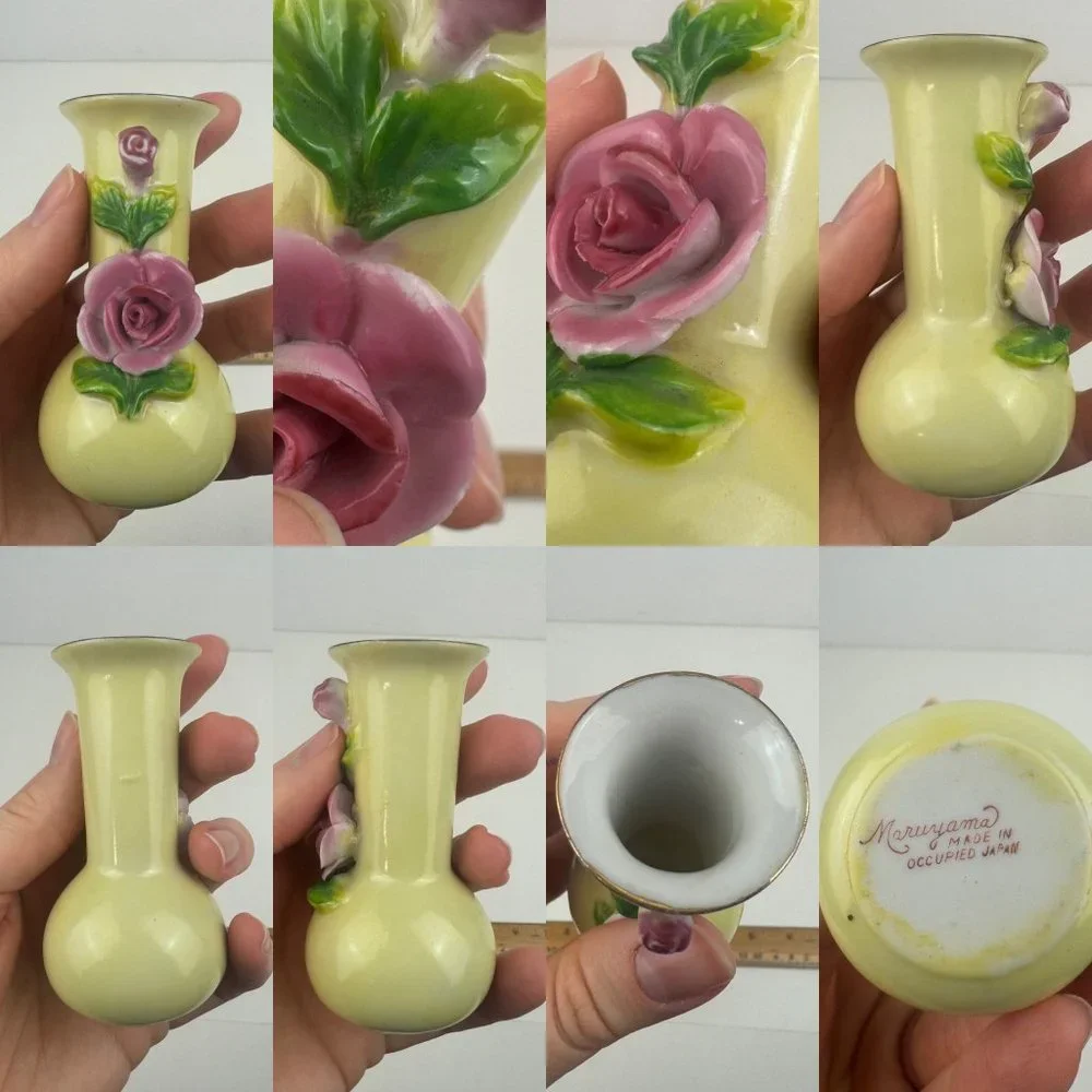 Vtg 40s/50s Maruyama Miniature Small‎ Vases Pink Rose Floral Japan Damaged READ